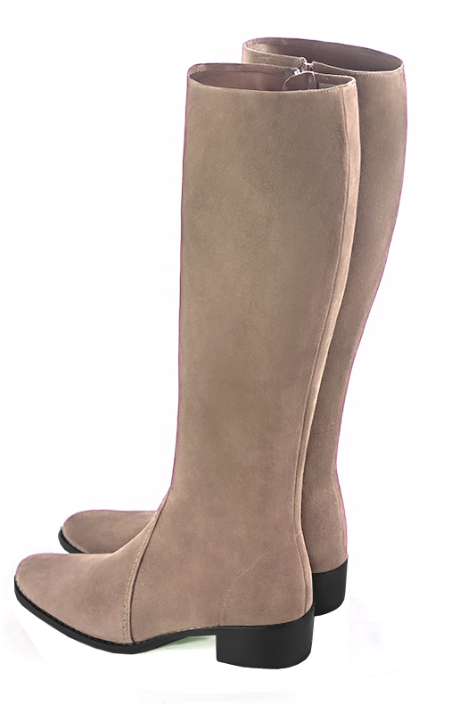 Tan beige women's riding knee-high boots. Round toe. Low leather soles. Made to measure. Rear view - Florence KOOIJMAN